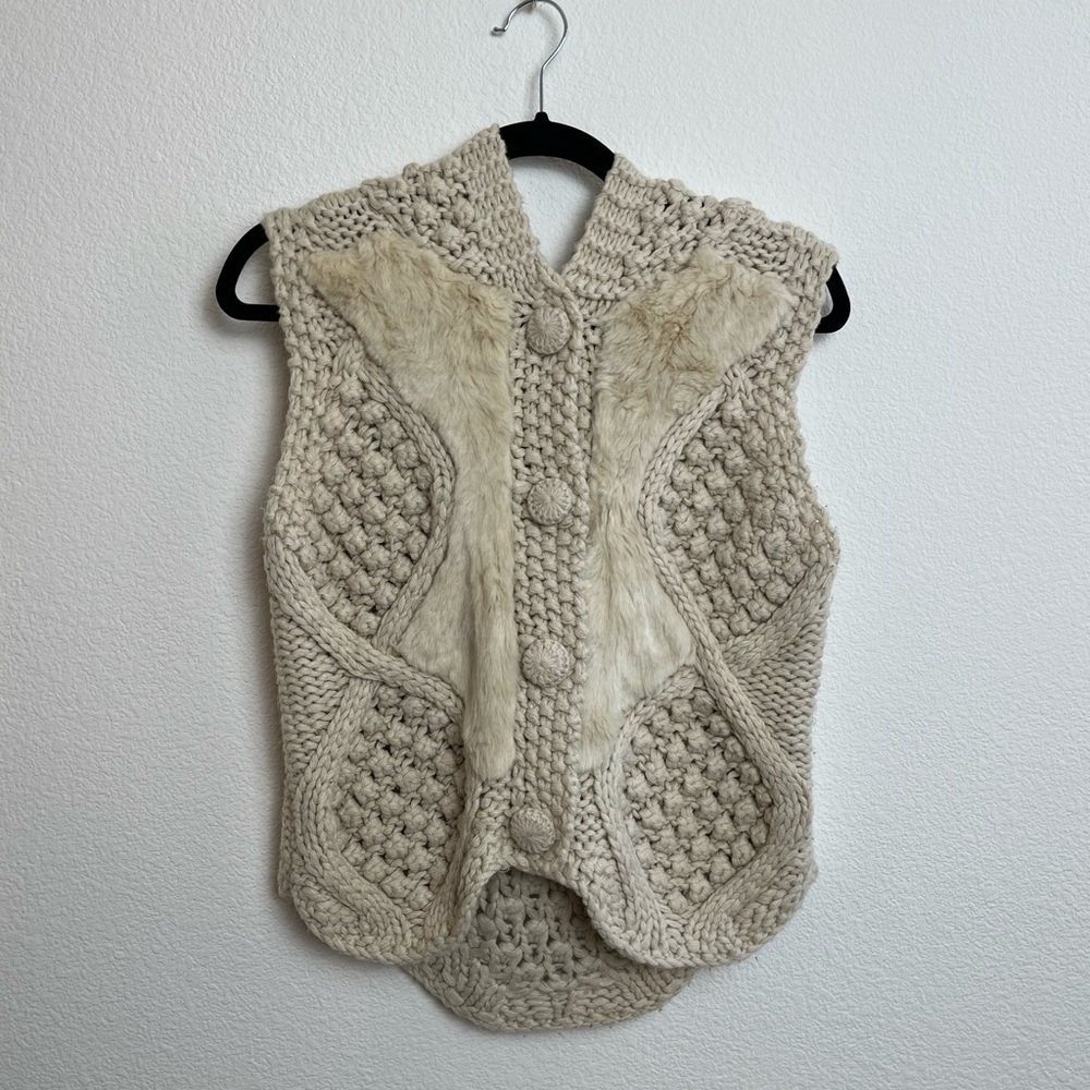 Anthropologie Cream Knit Sweater Vest with Faux Fur